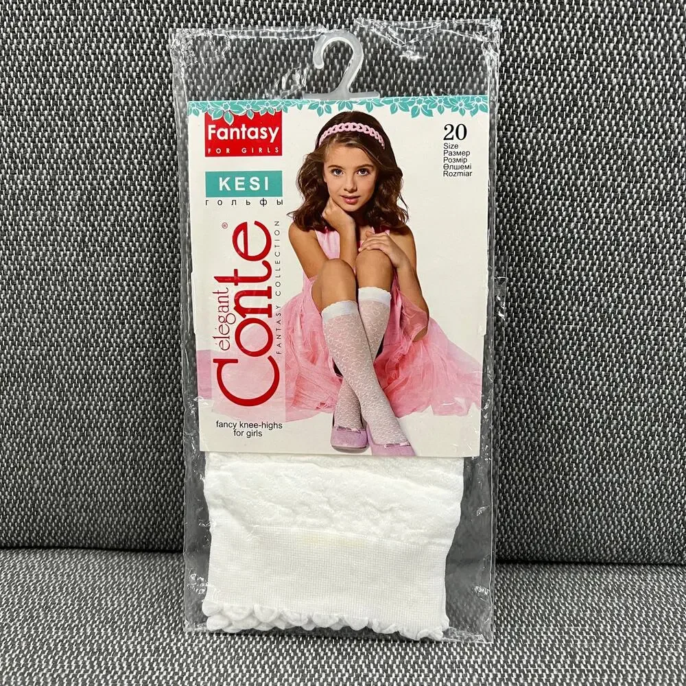 CONTE Kesi & Fiori Solid White Fancy Dress Socks With Design Girls 6-7Y/O 2 Pair